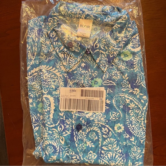 BLAIR Size PM Blue Paisley 3/4 Sleeve Button Down S/S Shirt - Picture 3 of 7